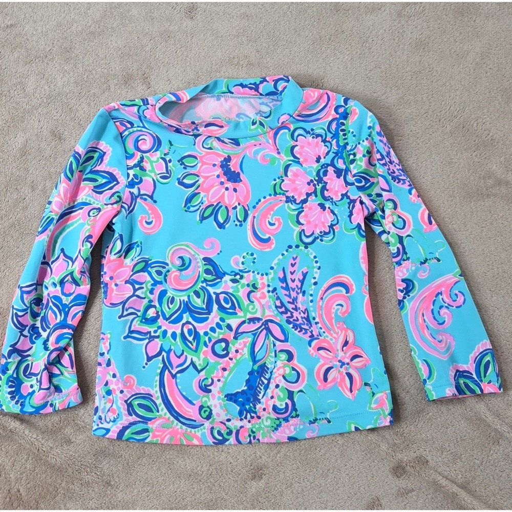 Lilly Pulitzer Swim Rash Guard Top Girls Size 6 Color Pink Blue Floral EUC